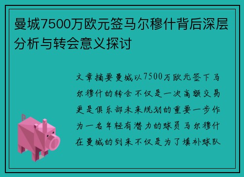 曼城7500万欧元签马尔穆什背后深层分析与转会意义探讨